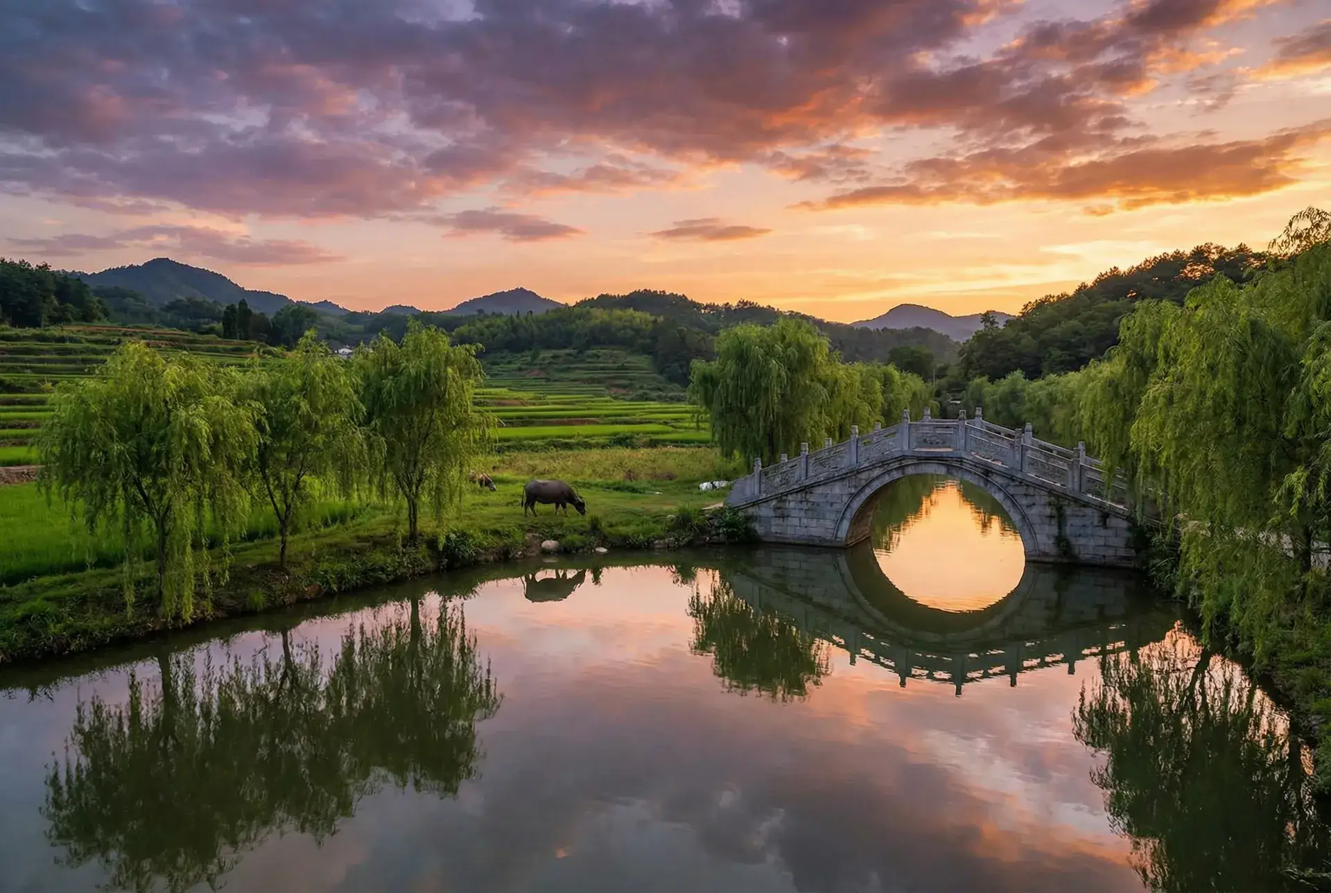 夕阳下的石拱桥与垂柳，水牛在河边吃草 - coce夫人 乡村美景